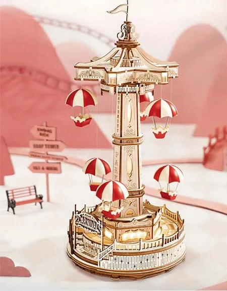3D Wooden Music Box Kit with LED: Rotating Swing Ride DIY