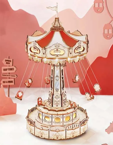 3D Wooden Music Box Kit with LED: Rotating Swing Ride DIY