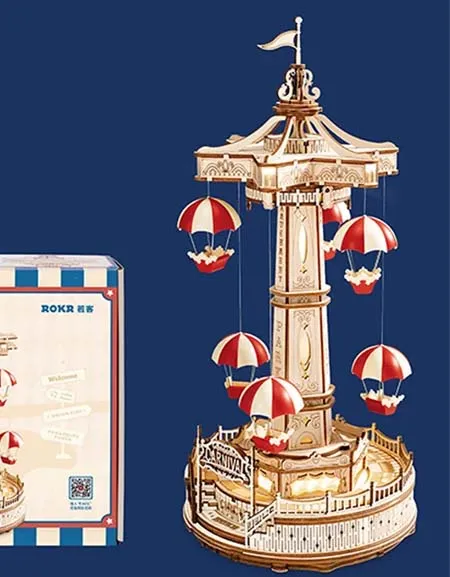 3D Wooden Music Box Kit with LED: Rotating Swing Ride DIY