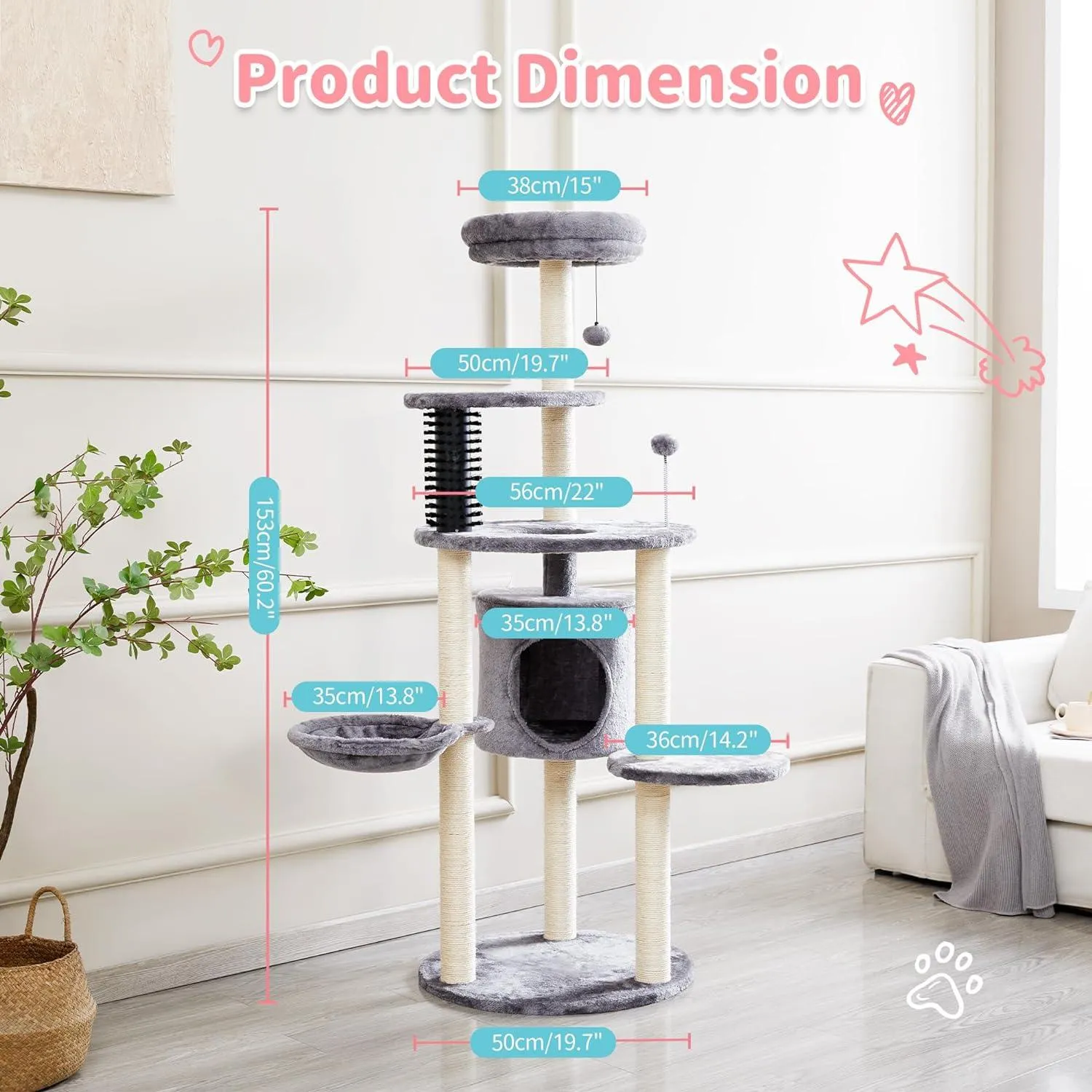 5-Level 60.2" Large Cat Tower with Soft Hammock & Scratch Posts