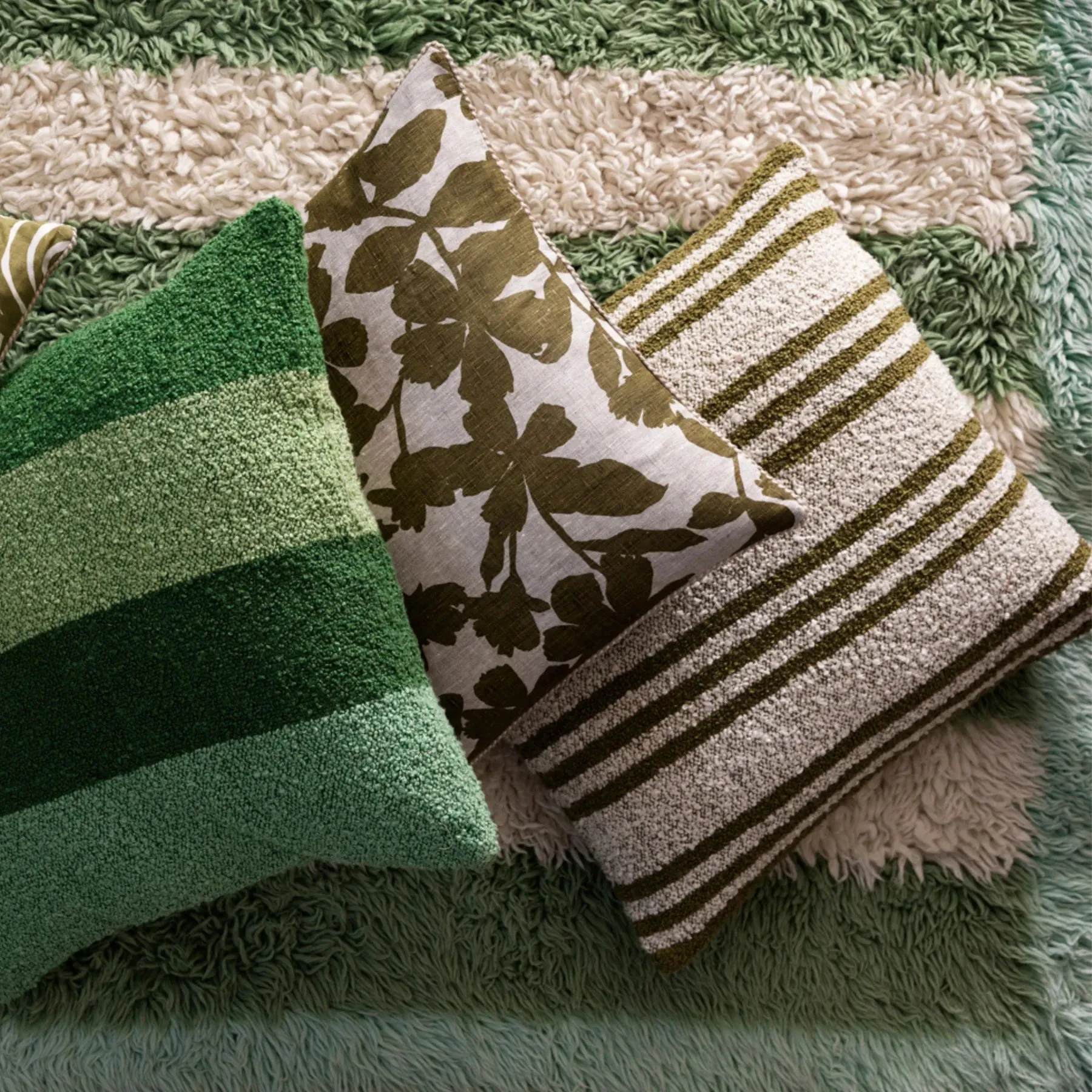 Boucle Trio Stripe Cushion - Khaki Ivory