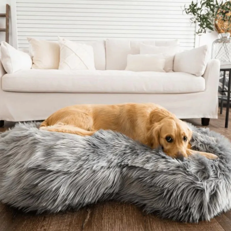 Paw Brands, PupCloud™ Faux Fur Memory Foam Dog Bed, Curve Charcoal Grey