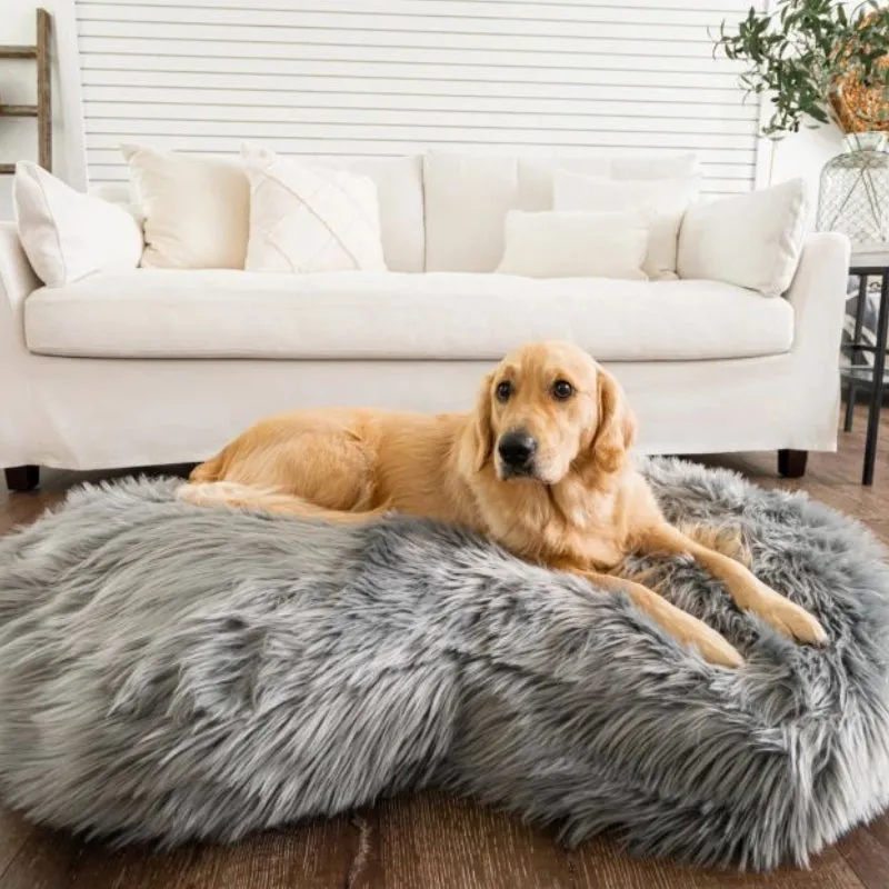 Paw Brands, PupCloud™ Faux Fur Memory Foam Dog Bed, Curve Charcoal Grey