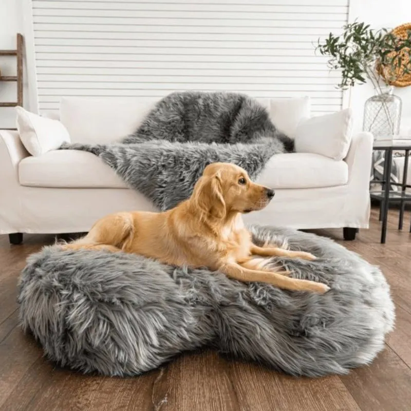 Paw Brands, PupCloud™ Faux Fur Memory Foam Dog Bed, Curve Charcoal Grey