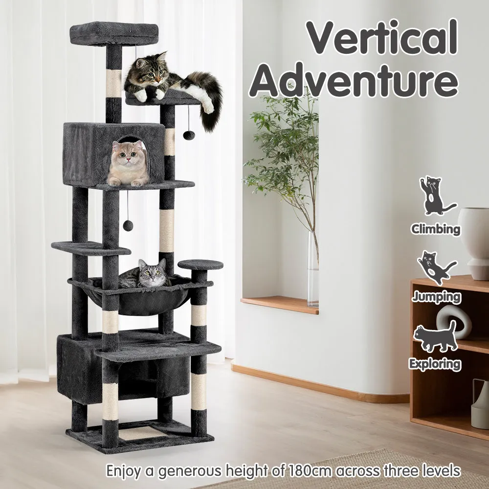 Petzly Cat Tree Tower Scratching Post Scratcher Condo House Bed 180cm Dark Grey