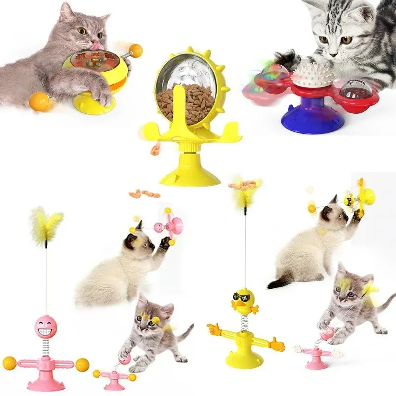 Windmill Cat Toy with Balls - Interactive Pet Toys for Cats - Puzzle Cat Game Toy with Whirligig Turntable - Kitten Brush Teeth Toy