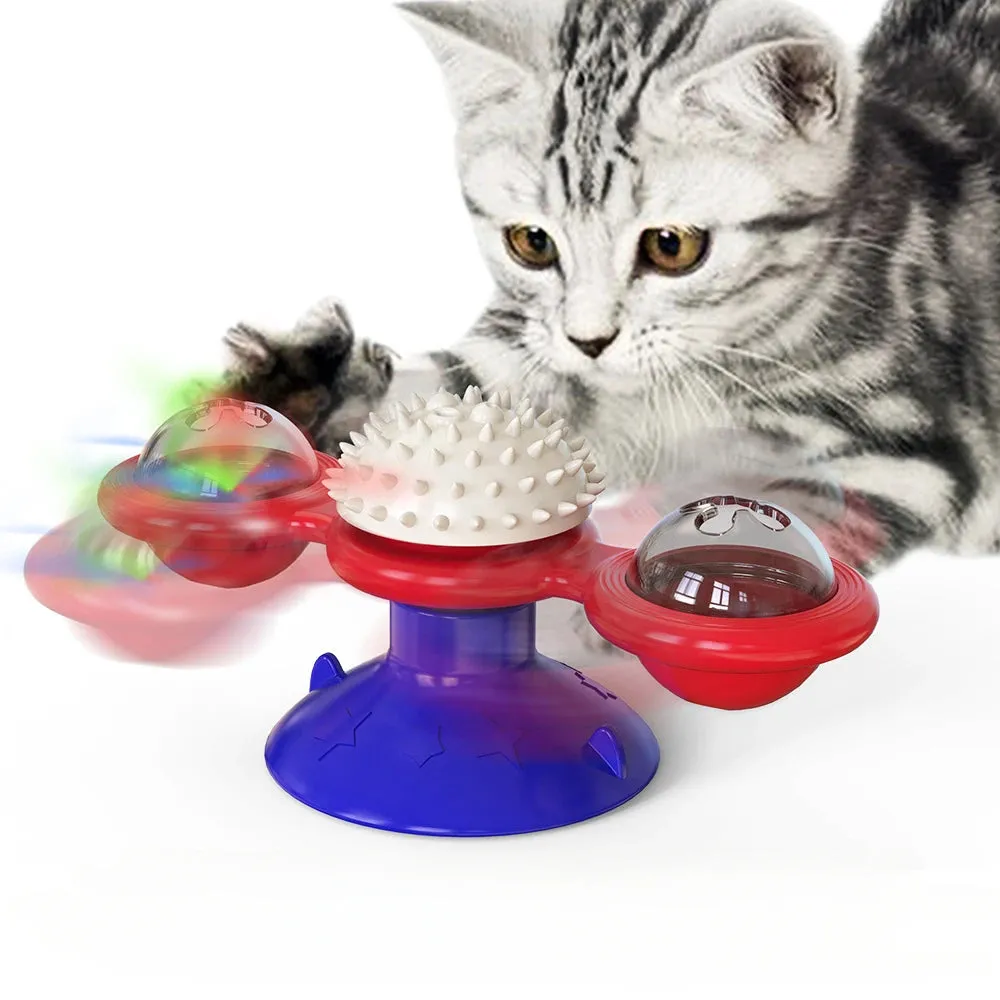 Windmill Cat Toy with Balls - Interactive Pet Toys for Cats - Puzzle Cat Game Toy with Whirligig Turntable - Kitten Brush Teeth Toy