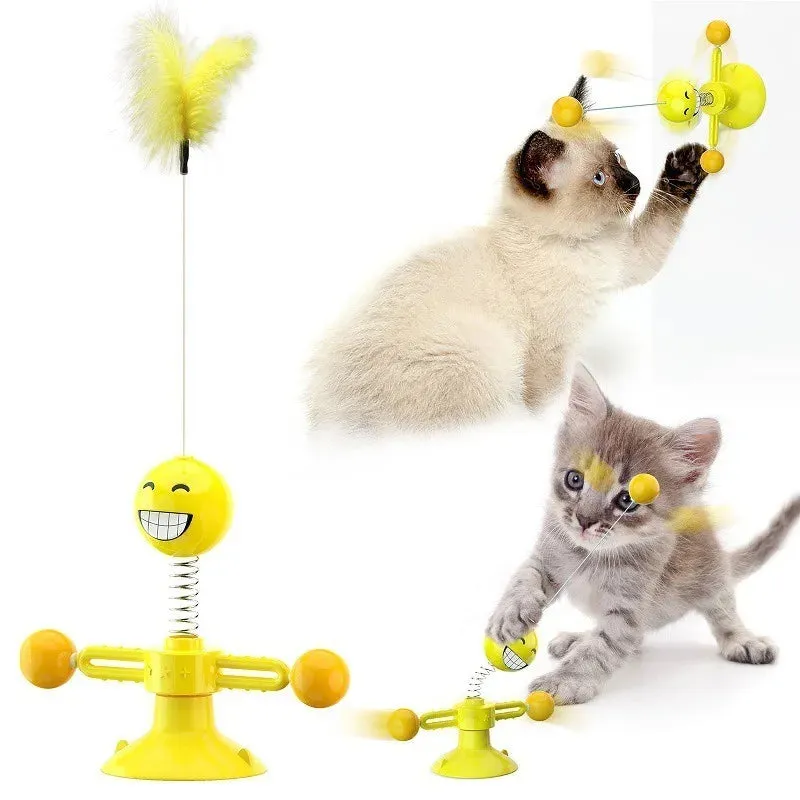 Windmill Cat Toy with Balls - Interactive Pet Toys for Cats - Puzzle Cat Game Toy with Whirligig Turntable - Kitten Brush Teeth Toy
