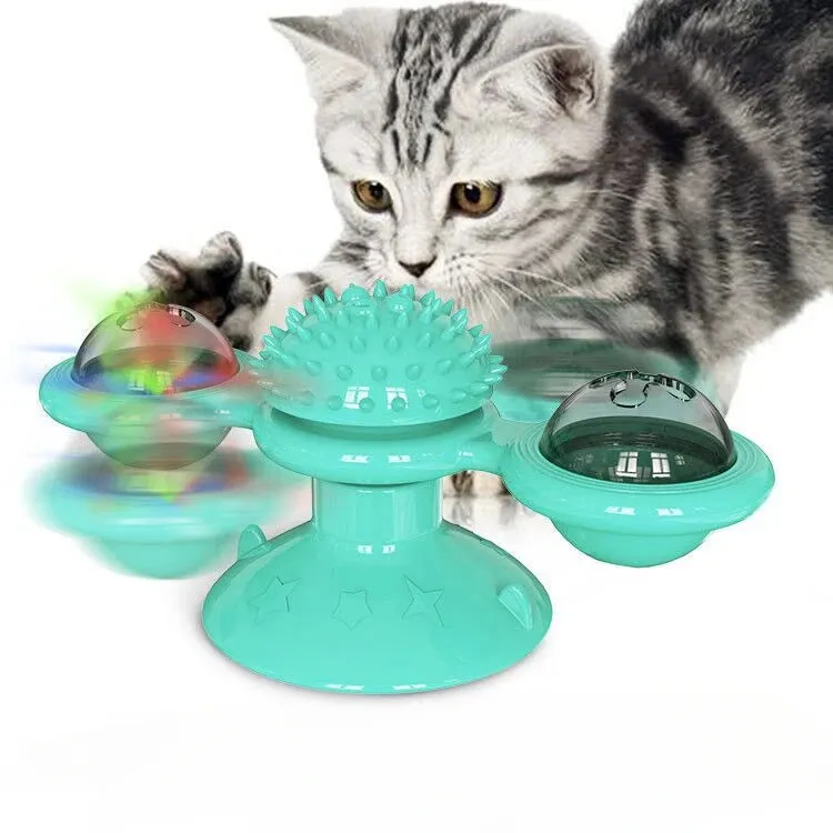 Windmill Cat Toy with Balls - Interactive Pet Toys for Cats - Puzzle Cat Game Toy with Whirligig Turntable - Kitten Brush Teeth Toy