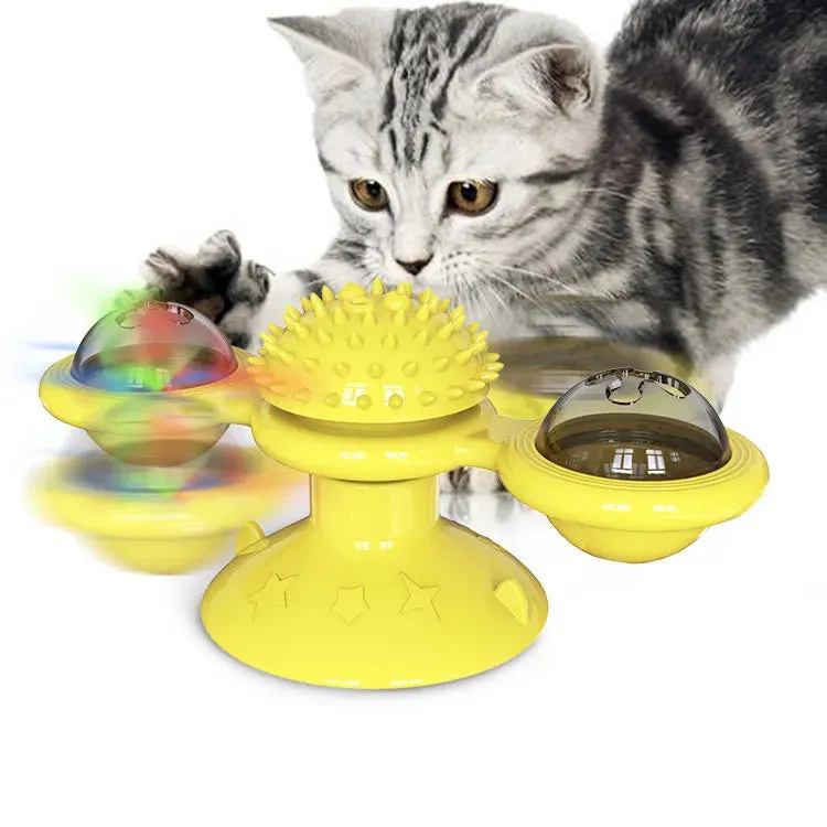 Windmill Cat Toy with Balls - Interactive Pet Toys for Cats - Puzzle Cat Game Toy with Whirligig Turntable - Kitten Brush Teeth Toy